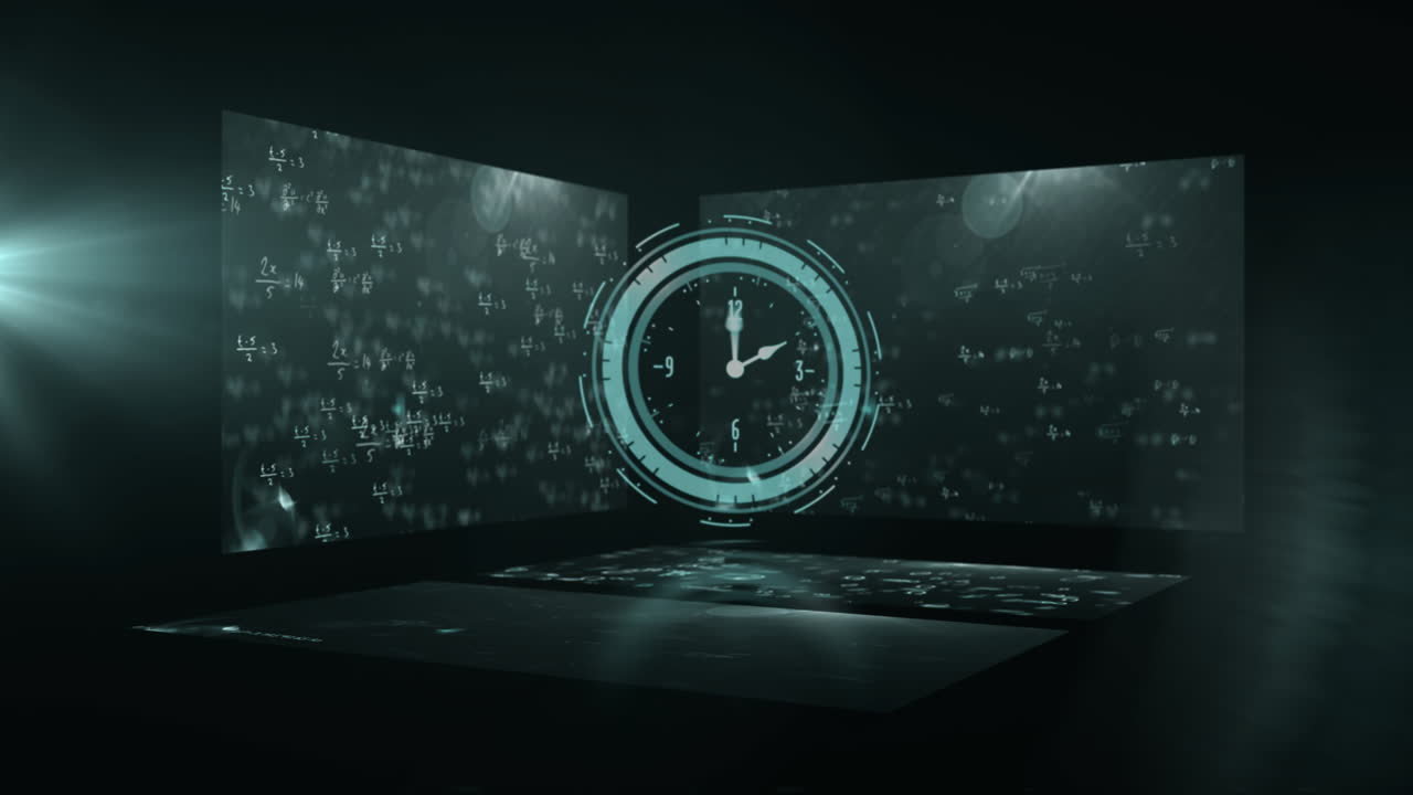 reloj y fórmulas matemáticas animación sobre fondo oscuro