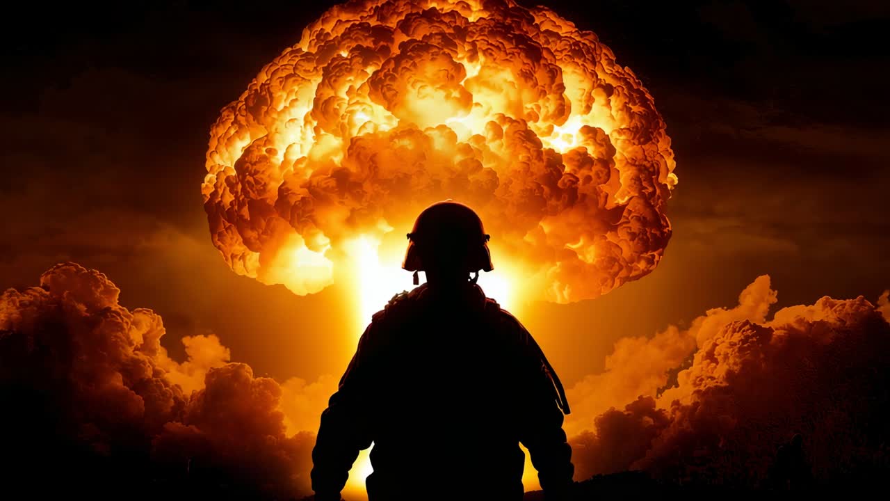 Responding to blast soldier wearing tactical uniform monitoring mushroom cloud expanding in desert