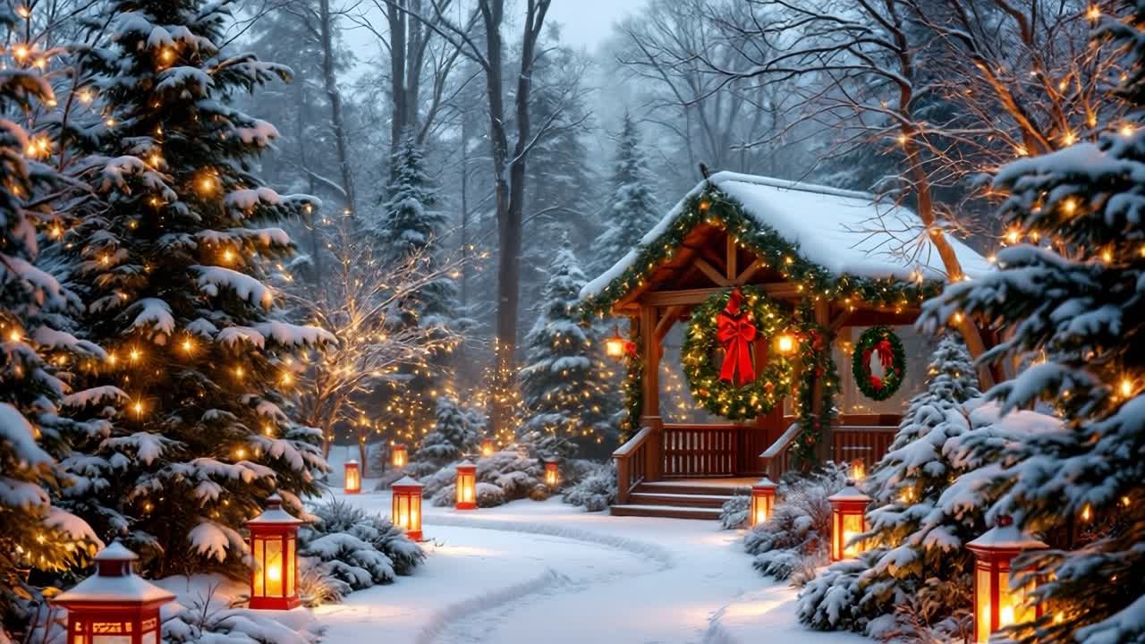 Enchanting Winter Wonderland with Christmas Lights and Snow