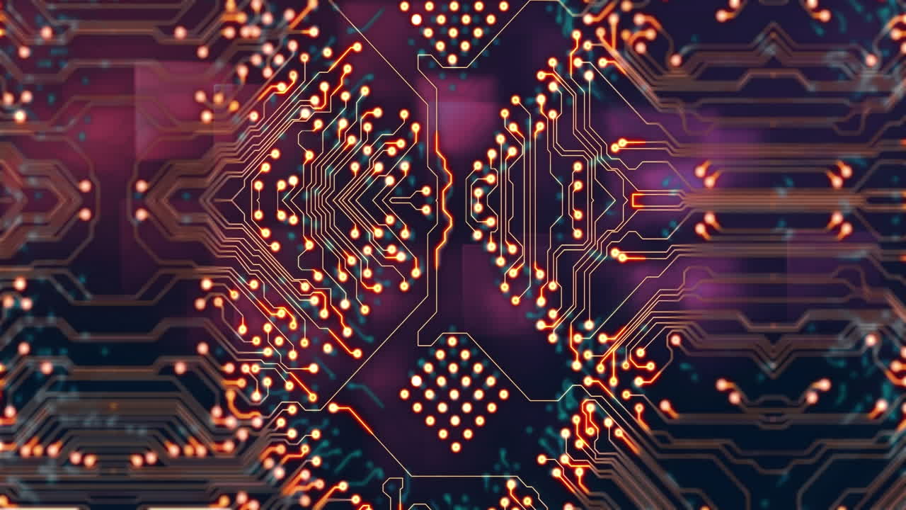 animación de conexiones de microprocesador sobre formas cuadradas abstractas contra un fondo púrpura