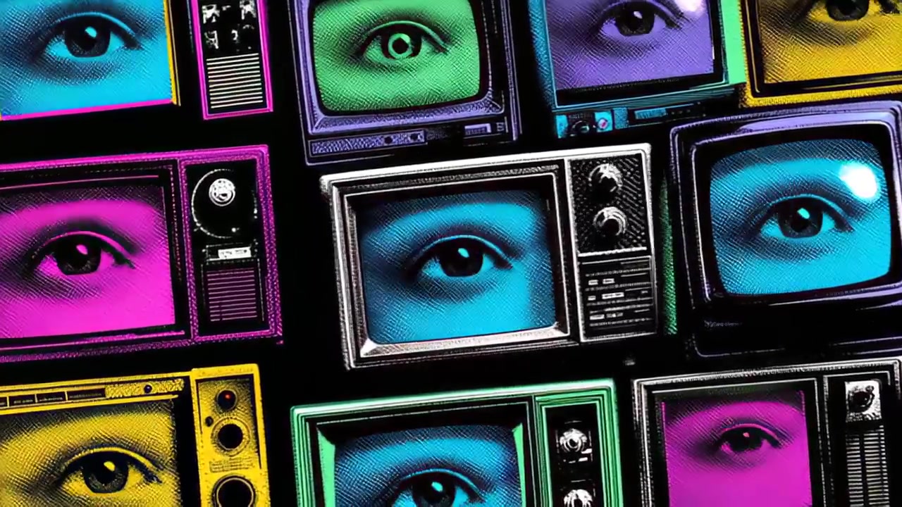 Footage of multiple vintage TV sets showing close-up human eyes in neon colors on black background, symbolizing media monitoring, privacy, and surveillance