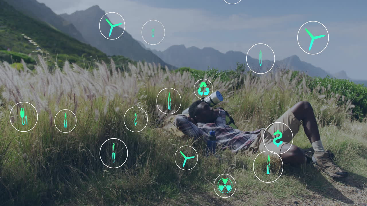 иконы возобновляемой энергии и устойчивости анимация над человеком, отдыхающим на природе