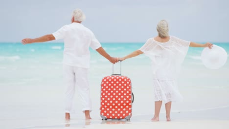 male female caucasian seniors on beach with suitcase