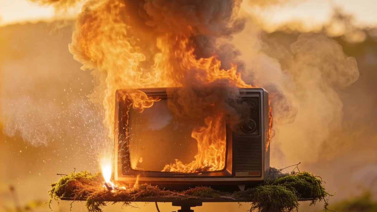 En lille flamme opstår ved platformskanten, et gammelt billedrørs-tv brænder på et mosbegroet stativ og producerer røg.