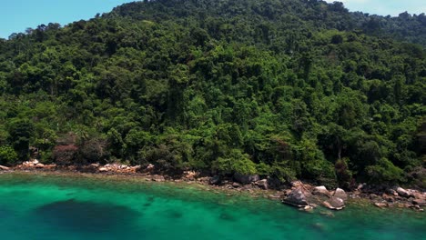 Island-Hill-Huts-in-lush-Jungle-fores,-emerald-waters-lagoon