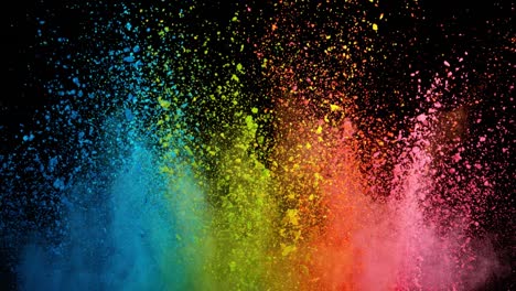 super slow motion of colored powder explosion isolated on dark background.