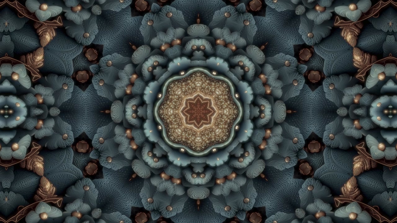 A beautifully sculpted floral mandala in muted teal, cream, and gold. This 30-sec seamless loop features intricate textures perfect for elegant branding and sophisticated social content. 9:16 format