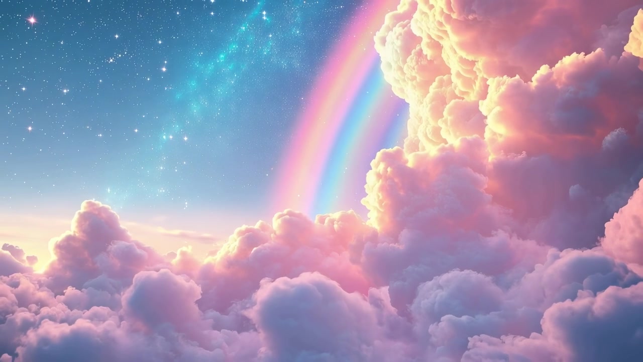 Dreamy Pastel Clouds with Rainbow and Starry Sky