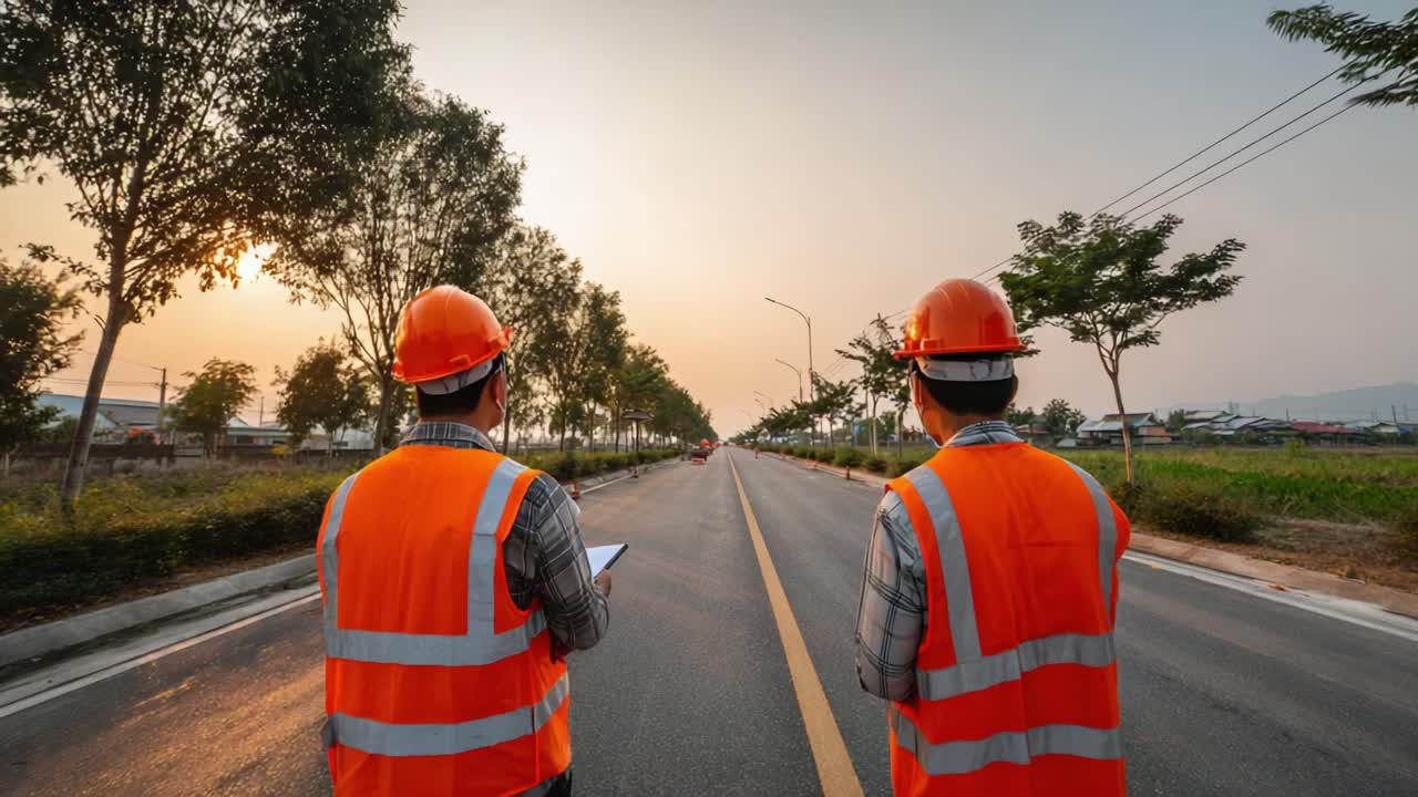 Two Construction Workers in Reflective Vests and Hard Hats Inspecting a Quiet Road at Sunset, Highlighting Safety and Collaboration on Infrastructure Projects