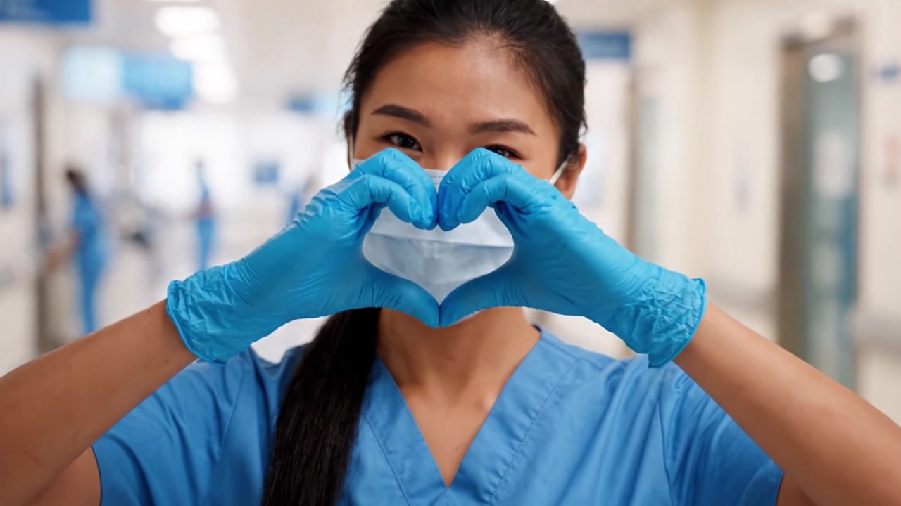 Um Profissional de Saúde de Scrubs Demonstra Amor e Compaixão com um Gesto de Coração, Trazendo Esperança em um Ambiente Médico em Meio a Tempos Desafiadores