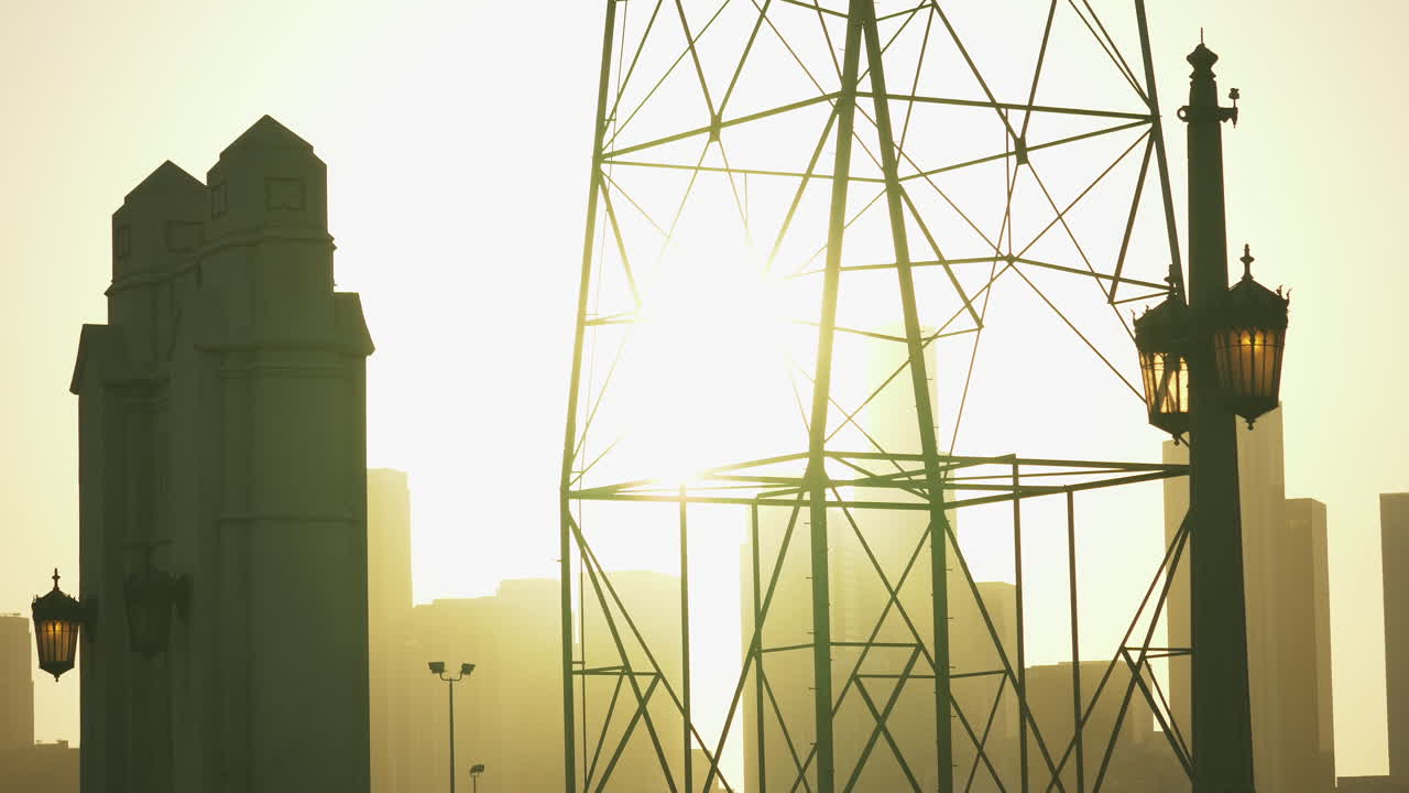 Aerial Shot of the 6th St Bridge in Downtown Los Angeles as sun is beginning to set 6th Street Bridge