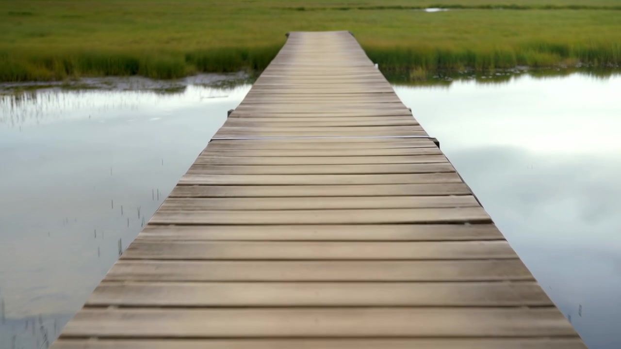 Weathered wooden boardwalk with evenly spaced planks runs through shallow marsh pond, creating strong leading line, soft reflections, muted green tones, distant horizon, quiet wetland atmosphere