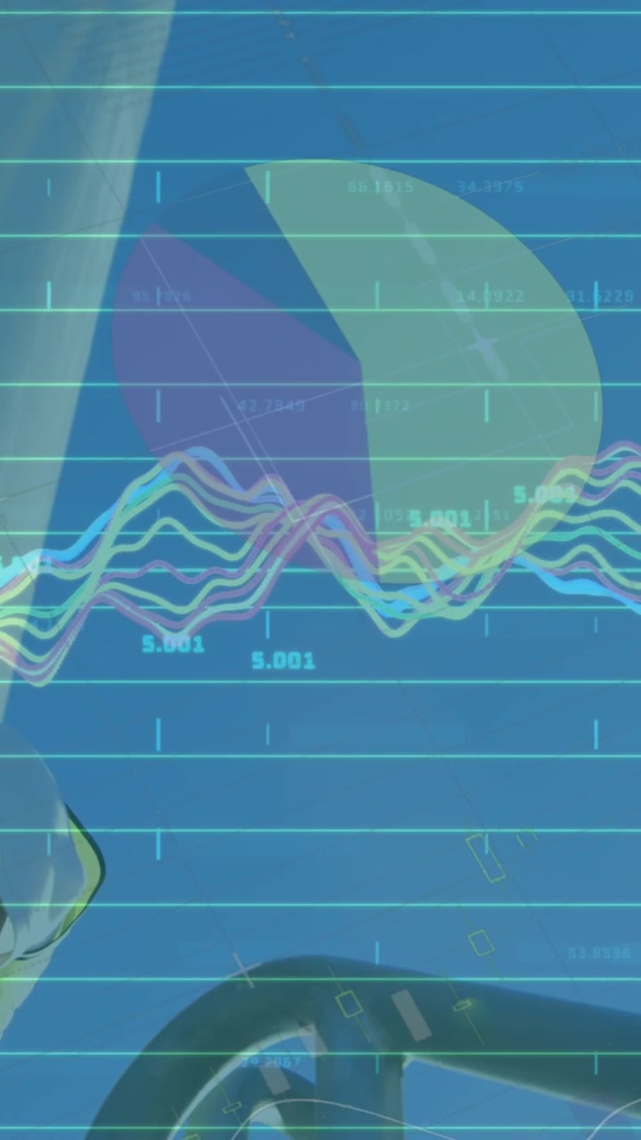 Animazione di statistiche ed elaborazione dati su una turbina eolica e un ingegnere su sfondo blu.