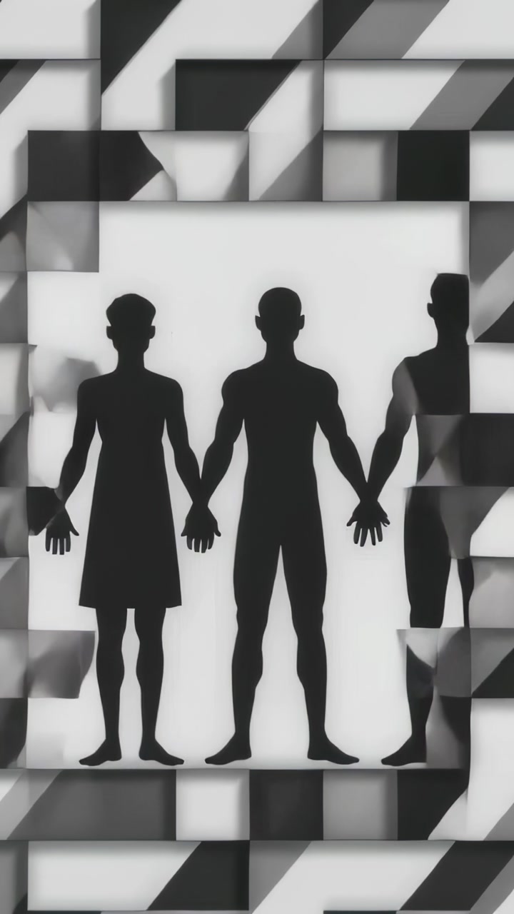 Vertical video: Shifting tiles revealing white bar, 5 figures linking in vertical frame, one dress