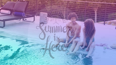 summer is here text animation over people sitting by pool