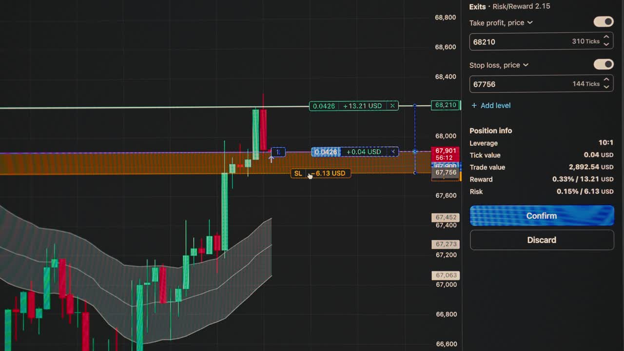 Primo piano dello schermo di un trader che regola gli indicatori di stop loss per confermare un'operazione su Bitcoin, mostrando grafici dei prezzi dettagliati e la strategia di criptovaluta.