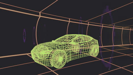neon green wireframe sports car entering 3d render tunnel, glowing orange grid lines converging