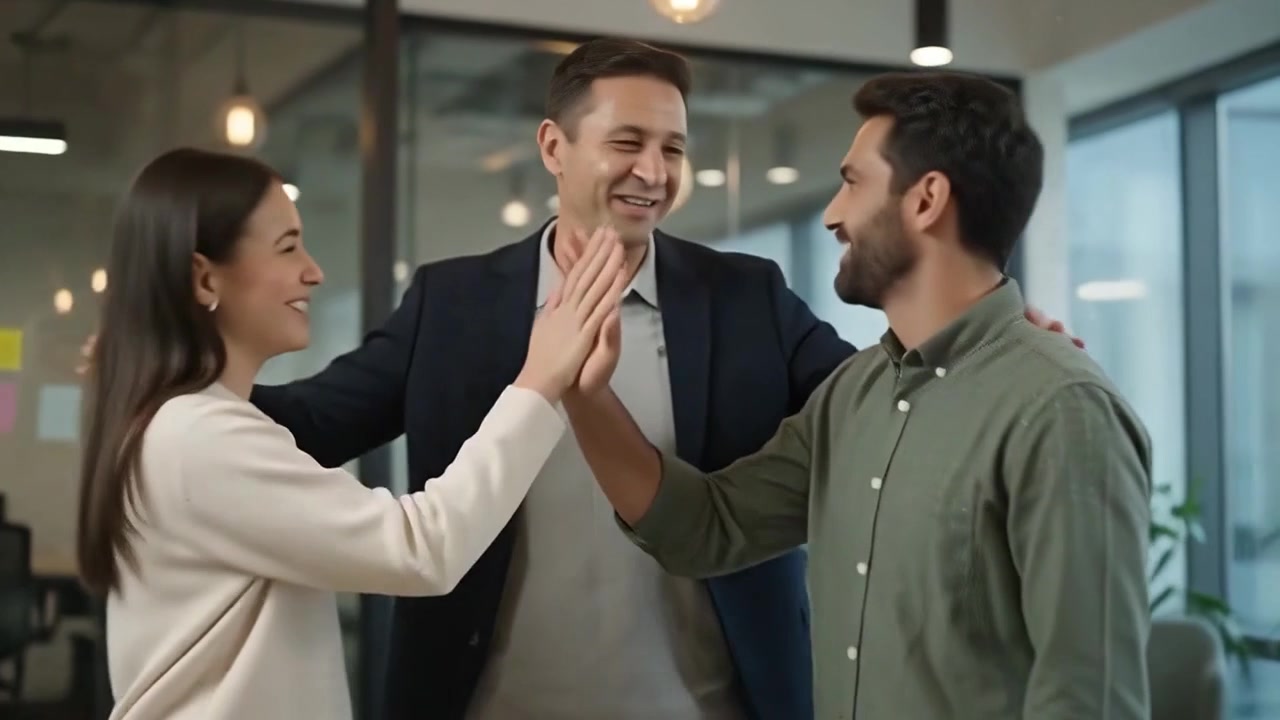 Business Team Celebrating Success with High Five in Modern Office