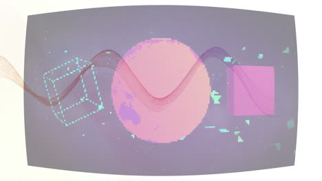 Animation of earth, cubes and abstract shape waving shape moving over grey background