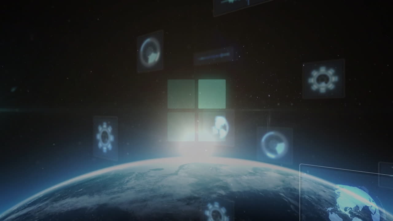 íconos digitales y animación de procesamiento de datos sobre la tierra desde el espacio