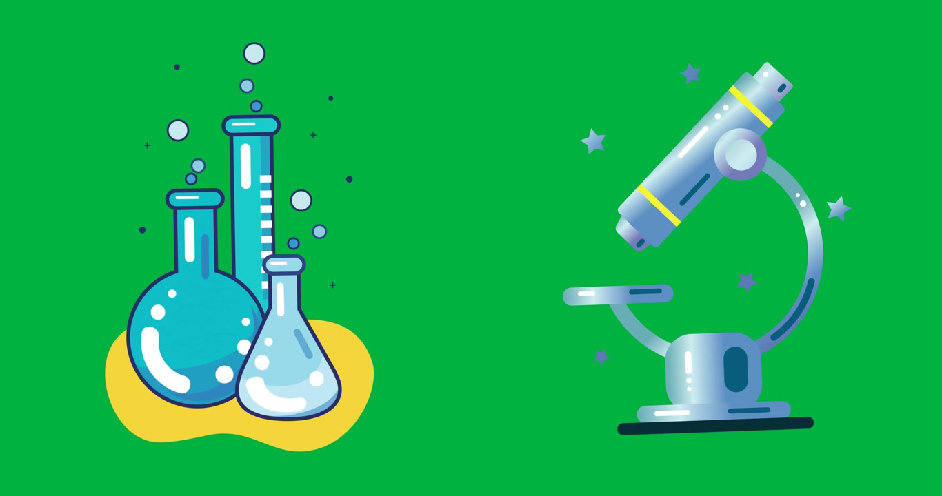 Animation of chemistry beakers and biology microscope laboratory equipment icons