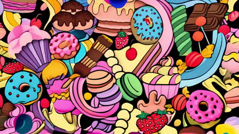 colorful desserts and sweets animation with donuts, macarons, and strawberries