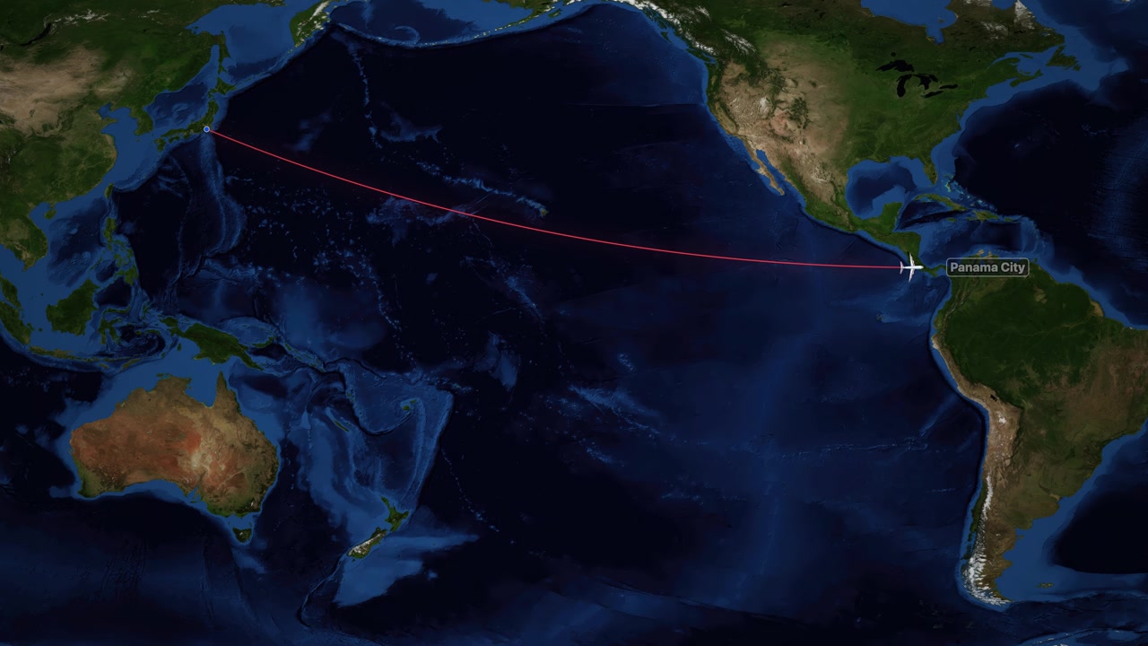 Animated Flight Path from Tokyo to Panama City Across the Pacific Ocean