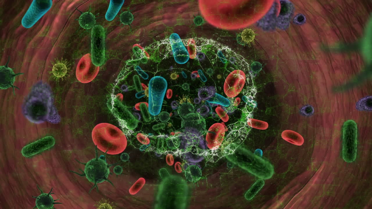 코로나19 세포 위에 떠다니는 인간의 뇌의 애니메이션