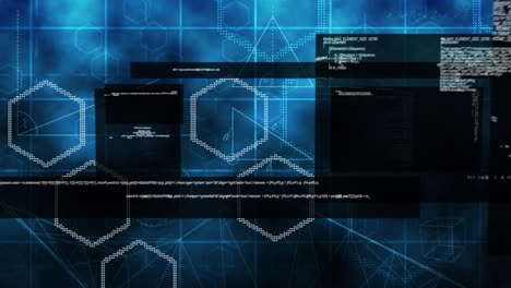 pantallas con procesamiento de datos contra rastros de luz y formas hexagonales en un fondo azul