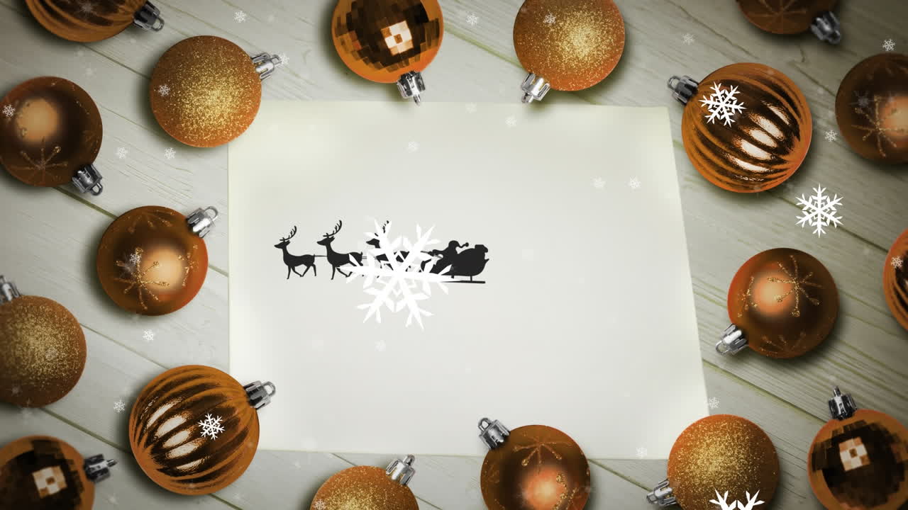 copos de nieve sobre santa claus en trineo siendo tirados por renos en un papel y múltiples bolas