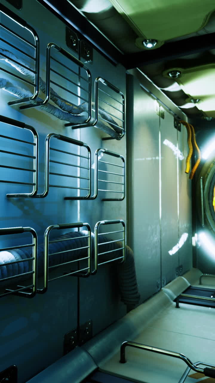 Hightech spacecraft bay filled with stacked containers and robotic arms