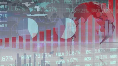 animation of statistical and stock market data processing over spinning globe on grey background