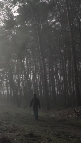 man walking through foggy forest