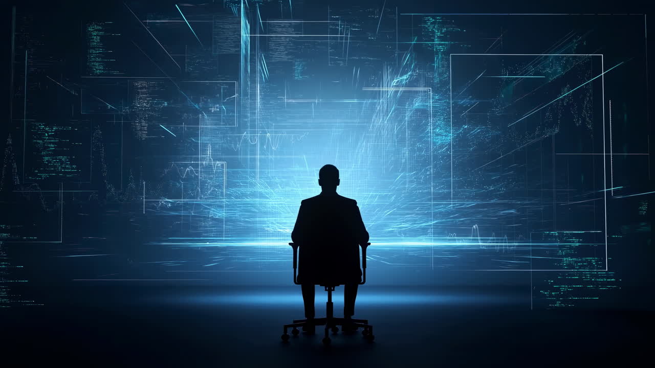 Silhouette Person Facing Holographic AI Interface, Inside Dark Control Room, Glowing Blue Data Grids, Floating