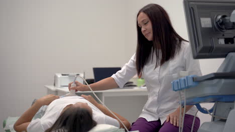 female doctor doing ultrasound to a patient lying on hospital gurney. sonogram scan to a woman.