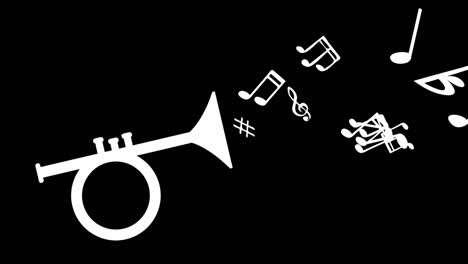 trumpet playing by shooting musical notes. animated illustration on black background, seamless loop.