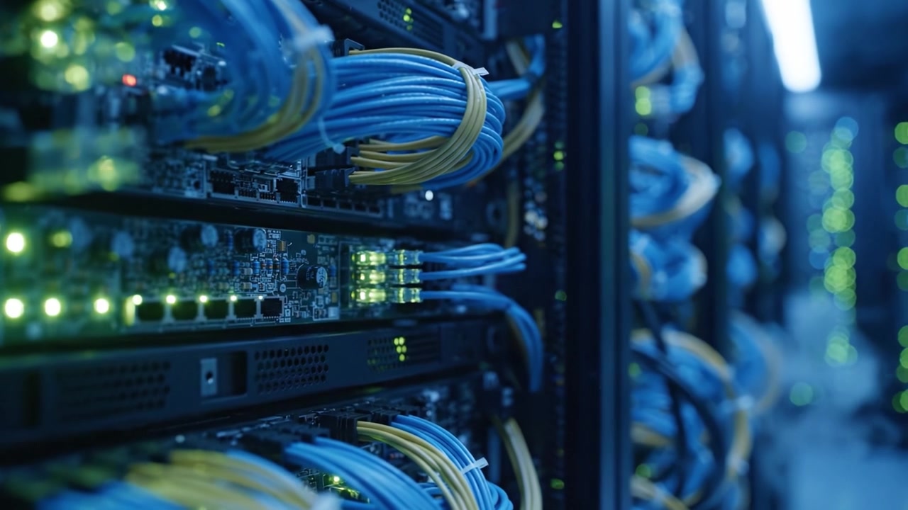 High-Tech Server Infrastructure Showcasing Network Cables and Connection Points in a Dimly Lit Data Center Environment with Glow from Active Equipment