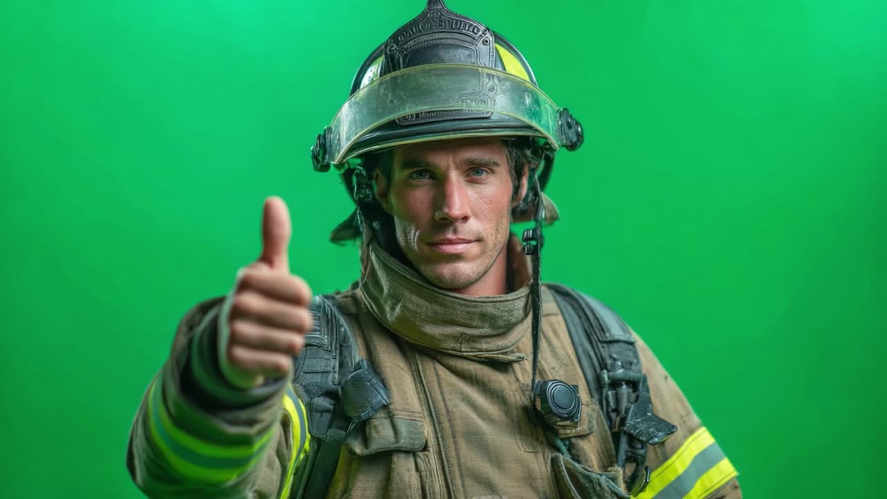 A Confident Firefighter Posing for a Photo on a Green Background, Showing Determination and Professionalism During a Training Session or Event