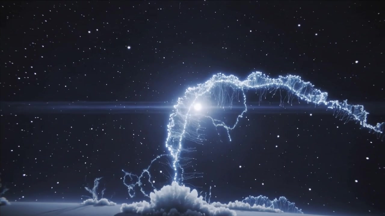 Colonne montante lançant un arc d'énergie à travers le ciel nocturne depuis la base d'un nuage, émettant des étincelles et des filaments