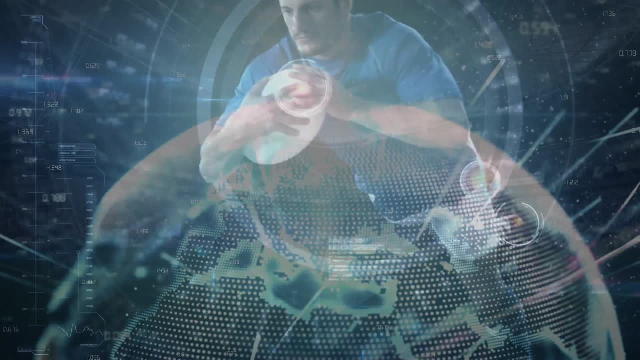 Animation of globe and data processing over man wearing vr headset