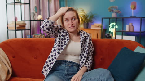 confused caucasian woman feeling embarrassed about ambiguous question having doubts no idea clueless