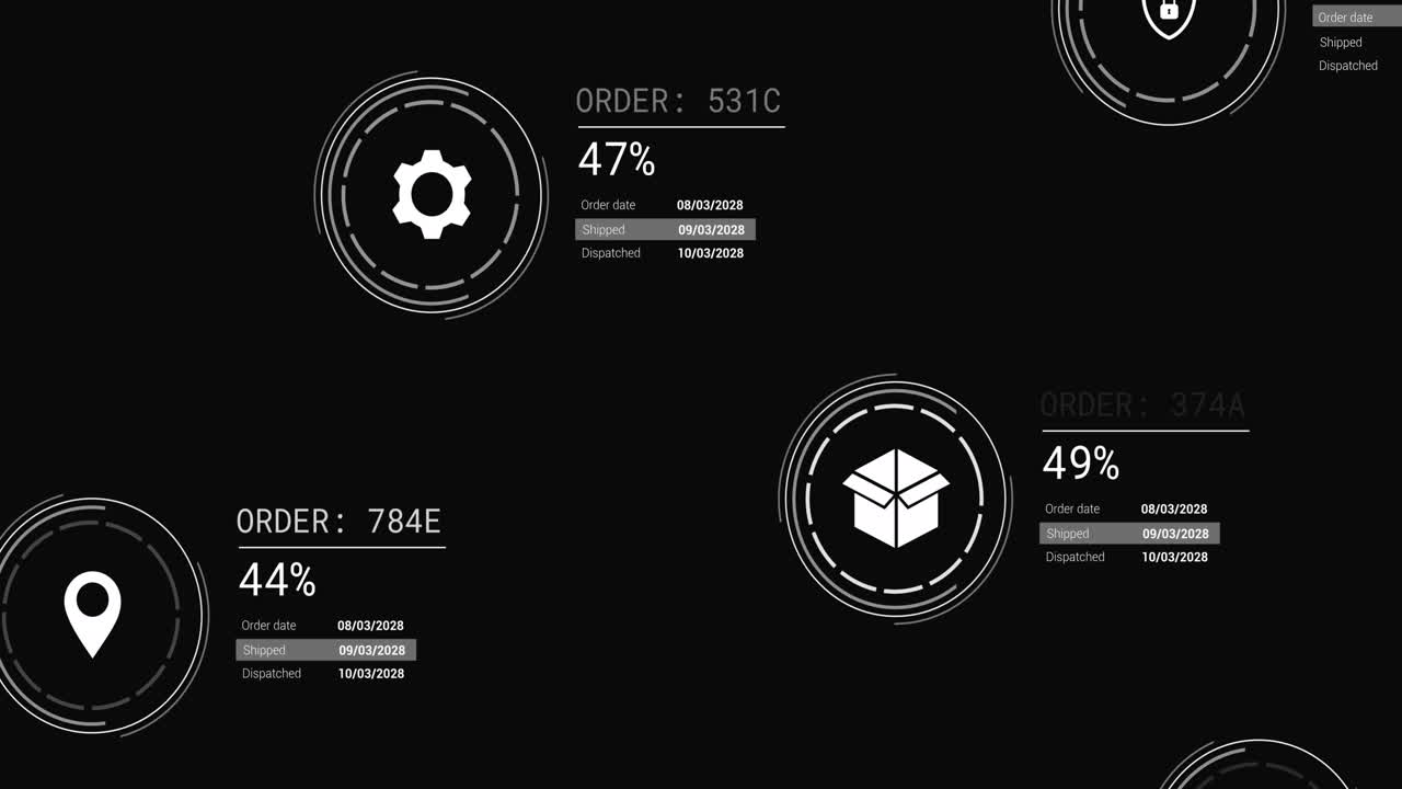 Animation of icons with data processing on black background