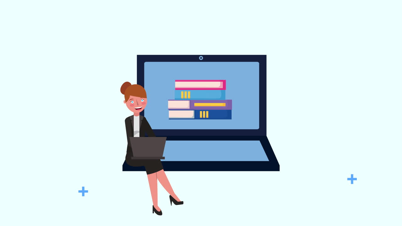 junge geschäftsfrau sitzt in einem laptop mit büchern