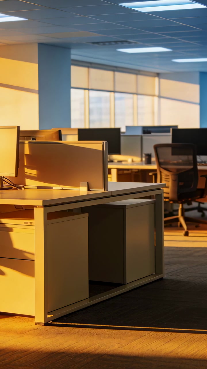 Vertical video: Sunlight lighting front desk screen, camera sliding right revealing empty office