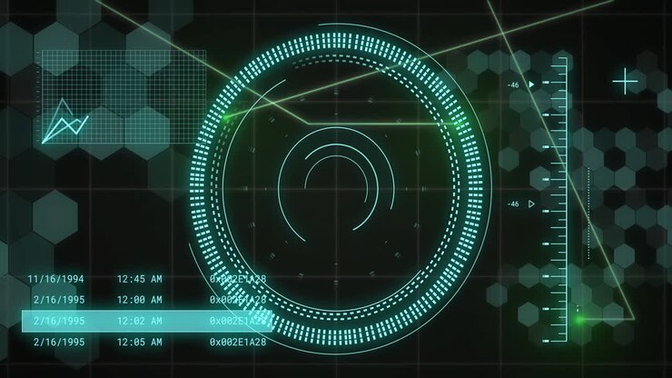 Animazione di una visualizzazione e di elaborazione dati su sfondo nero