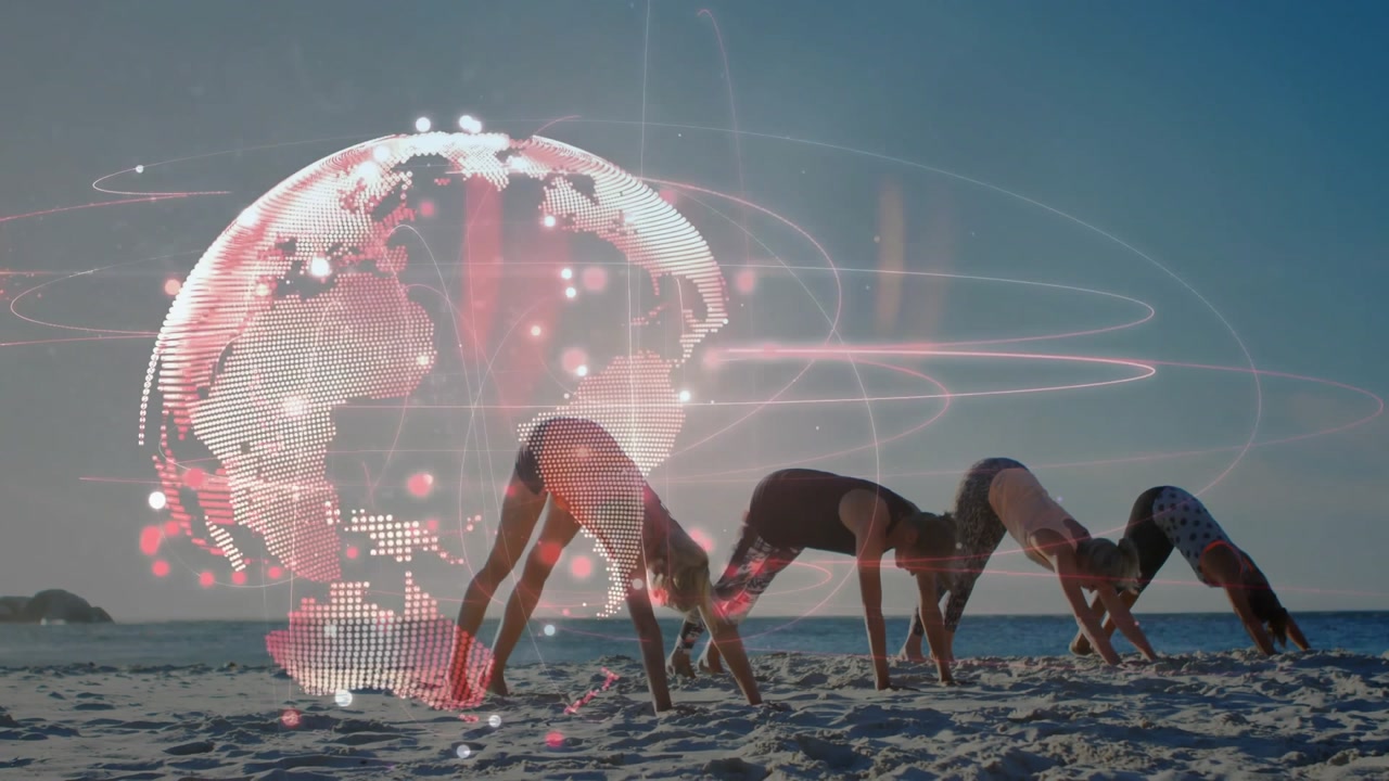 Animated 3D globe fading into view initiating four women practicing dog pose on beach for tech