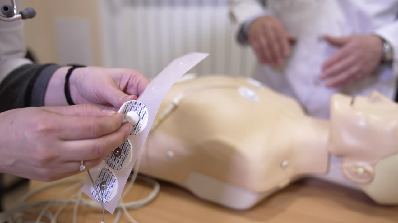 First aid training dummy. Demonstrating chest compressions on CPR doll in the class