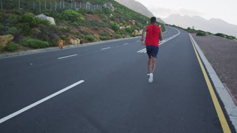 rear view of african american man running on the road