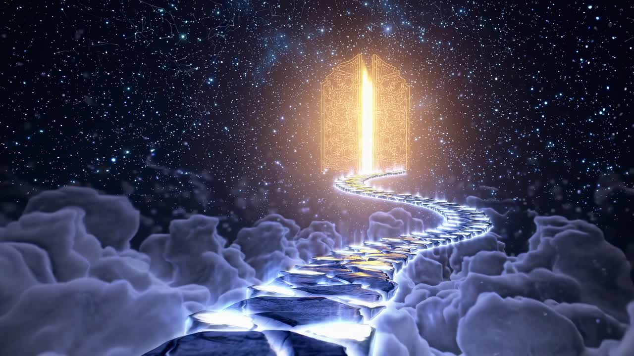 A mystical video scene with a low-angle view of a glowing path leading to a radiant door in a starry
