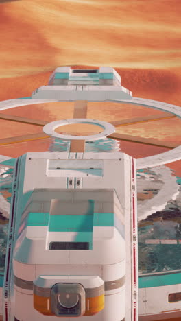 una nave espacial futurista aterrizando en un planeta desierto.
